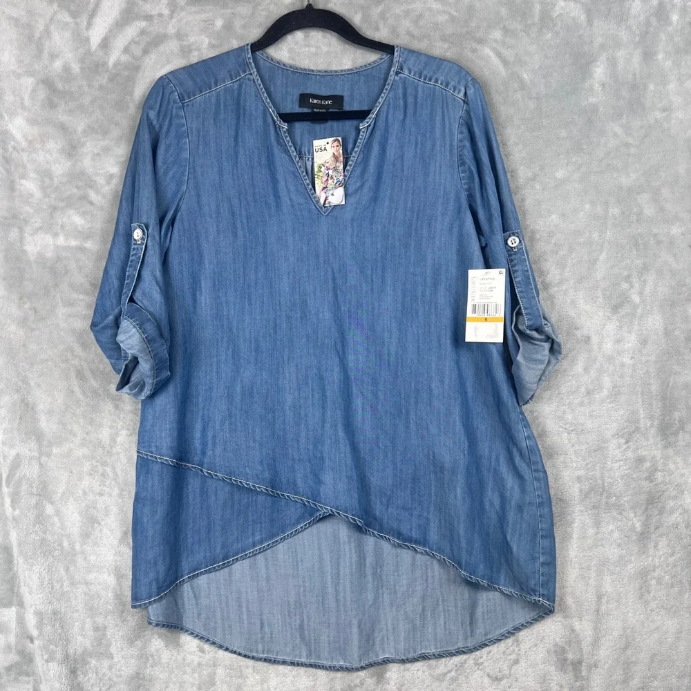 Karen Kane Women Top Lifestyle Chambray Wrap Blue Roll Tab Sleeve Small NWT